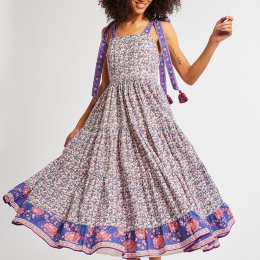 Smocked Floral Maxi Dress with Purple Border and Tie Straps